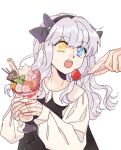  1girl absurdres bow doll_joints eiyuu_densetsu food hair_bow hajimari_no_kiseki heterochromia highres holding holding_food ice_cream joints lapis_rosenberg long_hair open_mouth sae_masq2 simple_background solo_focus sundae wavy_hair white_background white_hair 