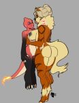 anthro arcanine big_butt blue_eyes blush butt canid canine charmeleon denise_(charmeleon) dominant duo female female/female fire flaming_tail flare_melune fluffy generation_1_pokemon gloves_(marking) hair hair_bun hi_res larger_female_smaller_female leg_markings mammal markings nintendo pinned pinned_to_wall pokemon pokemon_(species) reptile scalie short size_difference socks_(marking) tail tall theladybear thick_thighs