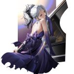  1girl absurdres bare_shoulders blue_archive closed_mouth dress earrings elbow_gloves gloves grey_hair hand_to_own_mouth highres hina_(dress)_(blue_archive) horns instrument jewelry long_hair looking_at_viewer najiu_jiao_xiaolan_ba piano purple_dress purple_eyes purple_gloves simple_background sitting solo white_background 