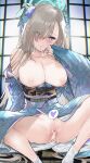  1girl absurdres after_sex after_vaginal alternate_costume asuna_(blue_archive) blue_archive blue_eyes blue_halo blue_kimono blush breasts cleavage collarbone commentary_request cum cum_in_mouth cum_in_pussy cum_on_body cum_on_breasts hair_over_one_eye halo highres indoors japanese_clothes kimono kurotsuki_machi large_breasts light_brown_hair long_hair long_sleeves looking_at_viewer nipples obi open_mouth revision sash smile socks solo white_socks wide_sleeves 