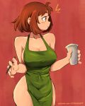  1girl ^^^ absurdres apron bare_shoulders blush boku_no_hero_academia breasts brown_eyes brown_hair cleavage collarbone cowboy_shot cup dashi_(dashiart) disposable_cup facing_viewer highres holding holding_cup holding_pen iced_latte_with_breast_milk_(meme) large_breasts looking_to_the_side meme naked_apron parted_lips patreon_username pen red_background short_hair solo uraraka_ochako web_address wide_hips 