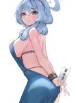  1girl absurdres ako_(blue_archive) ako_(dress)_(blue_archive) ass backless_dress backless_outfit blue_archive blue_dress blue_eyes blue_hair blue_halo blush breasts closed_mouth cowboy_shot cuffs dress hair_between_eyes halo handcuffs highres large_breasts lir_(cuhc3357) long_hair looking_at_viewer official_alternate_costume sideboob simple_background sleeveless sleeveless_dress smile solo white_background 