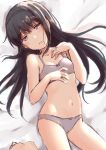  1girl bangs bare_arms bare_shoulders barefoot bed_sheet black_hair blush bow bow_bra bow_panties bra breasts collarbone commentary copyright_request eyebrows_visible_through_hair grey_bra grey_panties hair_between_eyes half-closed_eyes hands_up head_tilt long_hair lying nagami_yuu navel on_back panties parted_lips purple_eyes small_breasts soles solo underwear very_long_hair 