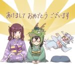  3girls :| afterimage arikitari_na_koi_no_uta_(synthesizer_v) black_hair blue_kimono blush braid brown_hair cevio chinese_zodiac closed_eyes closed_mouth commentary crying crying_with_eyes_open cushion dogeza double_bun dragon_hat facing_viewer floral_print fur-trimmed_kimono fur_trim furisode furrowed_brow glasses green_kimono grey_hair hair_bun hair_over_shoulder hanakuma_chifuyu hand_on_own_stomach hands_on_lap highres japanese_clothes kaninoto kicking kimono koharu_rikka laughing long_hair low_twin_braids midair motion_lines multiple_girls natsuki_karin nervous_smile new_year obi obiage obijime pointing pointing_at_another print_kimono purple_kimono purple_sash sash sash_bow seiza sharp_teeth sitting smile sweatdrop synthesizer_v tears teeth tongue tongue_out twin_braids twintails white_background year_of_the_dragon yellow_background zabuton 