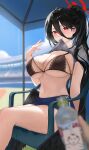  1girl absurdres beach black_bra black_hair blue_archive blue_buruma blue_sky blurry blurry_background blush bottle bra breasts buruma cleavage clothes_in_mouth clothes_lift cloud day depth_of_field fanning_self gym_shirt gym_uniform hair_between_eyes halo hasumi_(blue_archive) hasumi_(track)_(blue_archive) highres holding holding_bottle hot imjy09 lace lace-trimmed_bra lace_bra lace_trim large_breasts lifted_by_self long_hair looking_at_viewer mouth_hold navel outdoors ponytail red_eyes shirt shirt_in_mouth shirt_lift sitting skindentation sky stomach sweat underwear very_long_hair 