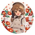  1girl :d animal arisa_(aren) beret bird black_gloves blush border brown_hair brown_headwear buttons collared_jacket commentary double-breasted envelope flower gloves grey_jacket grey_skirt hand_in_own_hair hand_up hat highres jacket long_sleeves looking_at_viewer open_mouth orange_eyes original paper petals plant red_flower round_image short_hair signature skirt smile solo strap upper_body white_border 