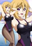  1girl arms_behind_head black_one-piece_swimsuit black_pantyhose blonde_hair breasts charlotte_dunois competition_swimsuit covered_navel feet_out_of_frame highleg highleg_swimsuit infinite_stratos kuroda_ariake large_breasts long_hair low_ponytail medium_breasts multiple_views one-piece_swimsuit pantyhose pantyhose_under_swimsuit purple_eyes standing swimsuit zoom_layer 