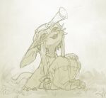 ambiguous_gender big_ears bottomwear clothed clothing corzh77 duo ears_back fangs grass head_pat hi_res humanoid made_in_abyss monochrome nanachi open_mouth open_smile pants pivoted_ears plant sitting sketch smile solo_focus tail teeth