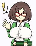  ! 1girl arm_up black_skirt blush bob_cut breasts brown_hair buttons cardigan collared_shirt glasses green_cardigan hand_up highres holding holding_pencil large_breasts long_sleeves nikki_(swapnote) nintendo notnoe_(dxcl) parted_bangs pencil red-framed_eyewear shirt short_hair simple_background skirt smile solid_oval_eyes solo spoken_exclamation_mark swapnote taut_clothes taut_shirt waving white_shirt 