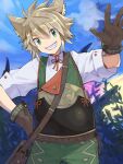  1boy animal_ear_fluff animal_ears asagi1111 bag belt blue_sky brown_bag brown_gloves cat_boy cat_ears cloud commentary_request gloves green_eyes grey_hair hair_between_eyes hand_on_own_hip male_focus milton_(xenoblade) shoulder_bag sky smile solo standing teeth v-shaped_eyebrows waving xenoblade_chronicles_(series) xenoblade_chronicles_2 xenoblade_chronicles_2:_torna_-_the_golden_country 