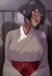  1girl black_eyes black_hair blush breasts huyumitsu japanese_clothes looking_at_viewer miko open_mouth original short_hair silhouette solo sweat 