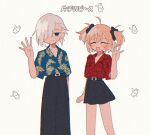  2girls :d ahoge alternate_costume animal_print arms_at_sides ayano_rika belt black_belt black_pants black_scrunchie black_skirt blonde_hair blue_eyes blue_shirt blush_stickers chromatic_aberration closed_eyes cowboy_shot grey_hair hair_ornament hair_over_one_eye hair_scrunchie hand_up isuzu_ren leaf_print looking_at_viewer magia_record:_mahou_shoujo_madoka_magica_gaiden mahou_shoujo_madoka_magica miniskirt multiple_girls one_eye_covered open_collar pants ponytail print_shirt rabbit_print red_shirt scrunchie shirt short_hair short_sleeves simple_background skirt smile spread_fingers translation_request two_side_up white_background yuri7s0 