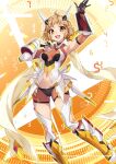  1girl armpits ass_visible_through_thighs blonde_hair breasts cape hand_on_own_shoulder highres ignite_module leotard navel open_mouth orange_shorts poichomo senki_zesshou_symphogear short_hair shorts skin_tight small_breasts smile solo tachibana_hibiki_(symphogear) teeth upper_teeth_only white_cape yellow_eyes 