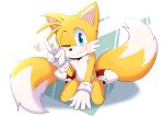 &lt;3 2022 5_fingers absurd_res anthro blue_eyes blush canid canine clothing dipstick_tail fingers footwear fox fur gesture gloves handwear hi_res looking_at_viewer male mammal markings miles_prower nea_kemono one_eye_closed sega shoes simple_background sitting smile solo sonic_the_hedgehog_(series) tail tail_markings v_sign white_body white_fur wink yellow_body yellow_fur