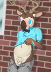 ajul_(kokoha_is_here) anthro antlers balls belly big_nose blue_clothing blue_eyes blue_shirt blue_topwear blue_underwear blush bottomwear bow_tie brick_wall brown_body brown_fur buckteeth cargo_shorts clothed clothing clothing_lift deer embarrassed exhibitionism flaccid flashing fluffy_balls fur genitals grey_bottomwear grey_clothing grey_shorts horn inner_ear_fluff kokoha_is_here male mammal mule_deer multicolored_body multicolored_fur navel new_world_deer open_bottomwear open_clothing open_pants outside pants partially_clothed penis polo_shirt pubes public public_exposure shirt shirt_lift shorts small_balls small_penis smile solo tan_body tan_fur teeth topwear tuft two_tone_body two_tone_fur underwear underwear_down wall_(structure)