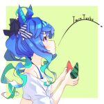  1girl ahoge animal_ears aqua_hair black_ribbon blue_hair character_name commentary food from_side fruit gradient_hair hair_ribbon highres holding holding_food horse_ears horse_girl long_hair looking_to_the_side multicolored_hair nokora_(otonarinoco) off_shoulder purple_eyes ribbon shirt short_sleeves sidelocks solo spitting tied_shirt twin_turbo_(umamusume) twintails umamusume watermelon watermelon_slice white_shirt 