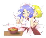  2girls :d ^_^ back_bow blonde_hair blue_eyes blue_hair bow bowl brown_dress brown_ribbon chopsticks closed_eyes dress flat_chest flying_sweatdrops hair_bow holding holding_chopsticks light_blue_hair locked_arms mai_(touhou) multiple_girls nonamejd official_style parted_bangs puffy_short_sleeves puffy_sleeves ribbon short_hair short_sleeves simple_background smile tears touhou touhou_(pc-98) v-shaped_eyebrows white_background white_bow white_dress white_wings wings yuki_(touhou) zun_(style) 