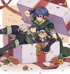  1boy arm_behind_head armor blue_hair boots box breastplate cape character_doll chrom_(fire_emblem) fatal_fury fingerless_gloves fire_emblem flower gift gift_box gloves green_cape highres marth_(fire_emblem) nyo02921978 official_alternate_color robin_(fire_emblem) short_hair super_smash_bros. terry_bogard tiara 