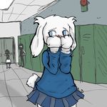  ? ambiguous_gender blue_eyes blush cave_story clothing embarrassed female fur humanoid lagomorph long_ears mammal mimiga school skirt solo_focus sue_sakamoto sweater video_games vinnied white_fur 