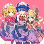  1girl 2boys :o apron black_gloves black_thighhighs blonde_hair blue_dress blue_eyes blue_hair bow crossdressing dress elbow_gloves garter_straps gloves hair_bow hair_ornament hairclip heart heterochromia highres lemmy_koopa light_blue_hair ludwig_von_koopa lzesmelt maid maid_apron maid_headdress mario_(series) medium_hair multicolored_hair multiple_boys orange_bow personification pink_background pink_bow pink_dress polka_dot polka_dot_bow ponytail red_eyes short_hair standing super_mario_bros._3 sweatdrop thighhighs tray two-tone_hair wendy_o._koopa white_gloves 