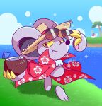 anthro biped claws clothing daroach duo eyebrows eyewear hat headgear headwear hi_res kirby kirby_(series) male mammal nintendo plant rodent smile solo_focus straw_hat sunglasses tree yuki_oto