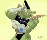 anthro biceps clothing crimenes dragon_ball green_body green_skin hi_res male muscular muscular_anthro muscular_male reptile scalie solo uniform