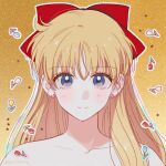  1girl aino_minako bare_shoulders bishoujo_senshi_sailor_moon blonde_hair blue_eyes close-up commentary earrings flower gradient_background hair_between_eyes hair_ribbon highres jewelry long_hair looking_at_viewer red_ribbon ribbon simple_background smile solo star_(symbol) symbol-only_commentary yellow_background yoursincere 