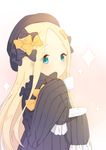  abigail_williams_(fate/grand_order) bad_id bad_pixiv_id bangs black_bow black_dress black_hat blonde_hair blue_eyes blush bow commentary_request cup dress drinking_glass eyebrows_visible_through_hair fate/grand_order fate_(series) forehead hair_bow hat holding holding_cup holding_saucer long_hair long_sleeves looking_at_viewer orange_bow parted_bangs polka_dot polka_dot_bow saucer sleeves_past_fingers sleeves_past_wrists solo sparkle tp_(kido_94) upper_body very_long_hair 