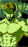  1boy abs bara beard biceps facial_hair fingerless_gloves flexing full_beard gloves headband looking_at_viewer male_focus mature_male metal_gear_(series) metal_gear_solid monochrome muscular muscular_male mustache navel nipples pixel_art sanpaku short_hair solid_snake solo sparse_chest_hair thatlonelycrow thick_eyebrows tsurime upper_body veiny_pectorals 