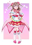  1girl absurdres bow brooch brown_hair choker cosplay cure_precious cure_precious_(cosplay) delicious_party_precure food gloves hair_bow heart heart_brooch highres jewelry keijirou_(mukunozaltusou) kome-kome_(precure) looking_at_viewer magical_girl nagomi_yui onigiri open_mouth pink_choker precure purple_eyes self_cosplay smile solo standing two_side_up white_gloves 