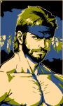  1boy bara beard facial_hair full_beard headband male_focus mature_male metal_gear_(series) metal_gear_solid multiple_monochrome muscular muscular_male mustache navel nipples pixel_art portrait sanpaku short_hair solid_snake solo thatlonelycrow thick_eyebrows tsurime upper_body 