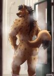 anthro bathroom black_hair blush brown_body brown_fur butt clothing ear_piercing fur hair hi_res hyena kopyorh looking_at_viewer male mammal muscular nude piercing presenting presenting_hindquarters rear_view shower shy smile smiling_at_viewer solo steam tail tehl_(character) towel undressing wet yellow_eyes yellow_sclera