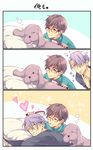  3koma black_hair blue_eyes brown_eyes closed_eyes comic dog etou_kira finger_to_mouth glasses hair_brush hair_brushing heart highres katsuki_yuuri makkachin male_focus multiple_boys one_eye_closed pillow pillow_hug silent_comic silver_hair sparkle tongue tongue_out viktor_nikiforov yuri!!!_on_ice 