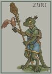 anthro avian bird blue_clothing clothing druid feathers female green_body green_clothing hi_res kobold magic_user owl paint-paint plant scales scalie solo staff tribal_spellcaster yellow_eyes zuri_(paint-paint)