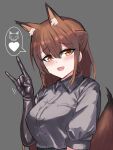  animal_ear_fluff animal_ears arknights belt black_gloves blush brown_hair collared_shirt elbow_gloves fox_ears fox_shadow_puppet fox_tail franka_(arknights) gloves grey_background grey_shirt hair_between_eyes highres latex latex_gloves long_hair looking_at_viewer open_mouth orange_eyes rubber_gloves shimau_sorine shirt short_sleeves simple_background speech_bubble tail 