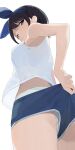  1girl ass black_hair blue_eyes blue_hairband blue_shorts closed_mouth commentary_request green_panties hairband highres hiroki_(yyqw7151) kanojo_okarishimasu looking_at_viewer panties panties_under_shorts sarashina_ruka shirt short_hair shorts simple_background sleeveless sleeveless_shirt solo underwear white_background white_shirt 