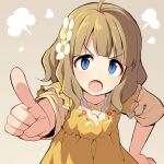  1girl ahoge angry blue_eyes brown_background child dress flat_chest floral_print flower hair_flower hair_ornament hand_on_own_hip hand_up idolmaster idolmaster_million_live! light_brown_hair long_sleeves looking_at_viewer medium_hair open_mouth pointing pointing_at_viewer print_dress puff_of_air sidelocks solo suou_momoko uccow upper_body v-shaped_eyebrows wavy_hair yellow_dress 