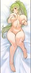  bed_sheet blush breasts closed_mouth commentary_request covering_nipples full_body grabbing_own_breast green_hair high_ponytail highres huge_breasts long_hair looking_to_the_side navel nude original ponytail sachito solo sumi-chan_(sachito) yellow_eyes 
