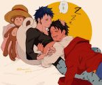  2022 2boys aged_up arm_tattoo blush cape closed_eyes closed_mouth commentary_request couple dated demorzel denim earrings facial_hair goatee hand_on_another&#039;s_head hand_tattoo hat highres hug jeans jewelry lying male_focus monkey_d._luffy multiple_boys one_piece pants pillow scar scar_on_cheek scar_on_face shirt sleeping sleeping_on_person straw_hat stretched_limb stuffed_animal stuffed_monkey stuffed_toy sweatdrop tattoo thought_bubble trafalgar_law translation_request twitter_username white_shirt yaoi yellow_eyes zzz 
