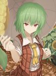  absurdres ascot bad_id bad_pixiv_id bangs breasts closed_mouth collared_shirt cowboy_shot flower furiruno green_hair hair_between_eyes hand_up highres holding holding_umbrella kazami_yuuka looking_at_viewer medium_breasts open_clothes open_vest outdoors over_shoulder parasol plaid plaid_skirt plaid_vest reaching_out red_eyes red_vest shirt short_hair short_sleeves skirt skirt_set smile solo standing sunflower touhou umbrella v-shaped_eyebrows vest white_shirt 