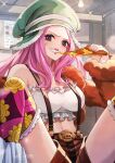  1girl anti-eyebrow_piercing bare_shoulders commentary_request crop_top eating food green_headwear hachimitsu_monte hat holding holding_food holding_pizza jewelry_bonney lips lipstick long_hair looking_at_viewer makeup one_piece pink_hair pizza red_lips signature smile solo teeth 