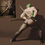  1boy ass ass_focus back belt black_belt black_gloves black_pants forehead_protector genji_(overwatch) gloves green_hair highres holding holding_sheath holding_sword holding_weapon male_focus nuggies_(nug_gies) overwatch overwatch_2 pants photo-referenced sheath short_hair solo sword twitter_username weapon 