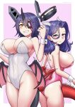  2girls ass black_tail breasts cypress dragon_tail eyepatch hair_intakes highres horns kantai_collection large_breasts leotard medium_hair multiple_girls nontraditional_playboy_bunny pink_leotard purple_eyes red_tail short_hair single_horn tail tatsuta_(kancolle) tenryuu_(kancolle) white_leotard wings wrist_cuffs yellow_eyes 