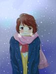  1girl ;3 blue_background blue_jacket blush brown_eyes brown_hair gradient_background jacket kyororiworld looking_at_viewer neckerchief one_eye_closed original pink_scarf plaid_neckerchief red_neckerchief scarf school_uniform shirt snow solo standing sweater white_shirt yellow_sweater 