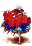 1girl african_clothes anklet barefoot blue_cloak bone cloak closed_mouth command_spell dark-skinned_female dark_skin fate/requiem fate_(series) jewelry kalanchoe_xxxx looking_at_viewer necklace nzambi_(fate) red_cloak red_eyes severed_hand short_hair simple_background solo tooth_necklace twitter_username very_dark_skin walking white_background white_hair 