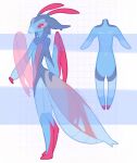 2020 ambiguous_gender anthro arthropod biped blue_body corzh77 dated hi_res mandibles model_sheet no_pupils pattern_background pink_body red_eyes signature simple_background solo