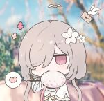  1girl alternate_costume bird chibi flower futaba_(anti_clockwise) grey_hair hair_flower hair_ornament hair_over_one_eye heart honkai_(series) honkai_impact_3rd long_hair long_sleeves looking_at_viewer purple_eyes rita_rossweisse speech_bubble spoken_heart white_bird white_flower wide_sleeves 