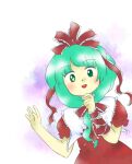  1girl :d aqua_eyes aqua_hair arm_ribbon bow dress frilled_ribbon frills front_ponytail hair_bow hands_up kagiyama_hina long_hair looking_at_viewer nonamejd official_style open_mouth puffy_short_sleeves puffy_sleeves red_bow red_dress red_ribbon ribbon short_sleeves smile solo star_(symbol) star_in_eye symbol_in_eye teeth touhou upper_teeth_only zun_(style) 