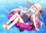  1girl barefoot blue_one-piece_swimsuit blush closed_eyes demon_horns emma_august emma_august_(1st_costume) eyeharmheart grey_hair hat highres horns long_hair nijisanji old_school_swimsuit one-piece_swimsuit pointy_ears red_horns school_swimsuit smile solo sun_hat swimsuit virtual_youtuber water 