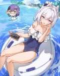  2girls absurdres animal_ears artist_name bare_arms bare_legs bare_shoulders black_one-piece_swimsuit blue_archive blue_halo casual_one-piece_swimsuit cellphone closed_mouth collarbone dated day earpiece fake_animal_ears frilled_one-piece_swimsuit frills gnas_(gnas_0912) goggles green_eyes green_halo grey_hair hair_between_eyes halo highres holding holding_phone long_hair miyako_(blue_archive) miyako_(swimsuit)_(blue_archive) multiple_girls ocean off-shoulder_one-piece_swimsuit off_shoulder official_alternate_costume official_alternate_hairstyle one-piece_swimsuit open_mouth outdoors phone ponytail purple_eyes purple_hair rabbit_ears raglan_sleeves rash_guard saki_(blue_archive) saki_(swimsuit)_(blue_archive) short_hair signature smartphone smile swimsuit water 
